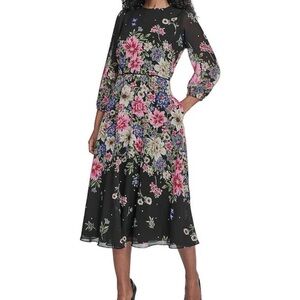 Jessica Howard Black Midi Dress with Pink & White Floral Print